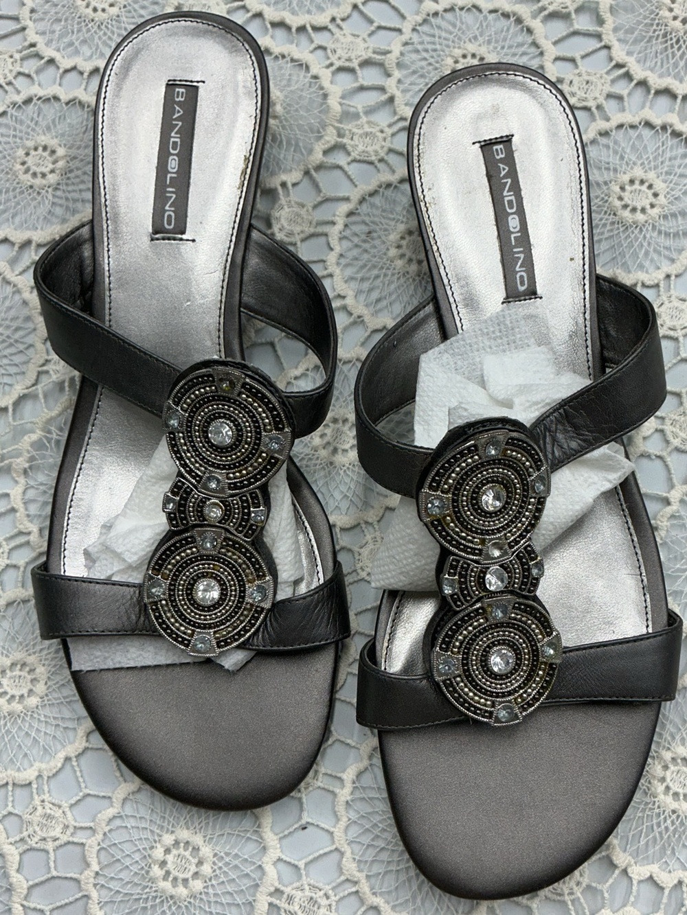 Bandolino Metallic Black Jeweled Slide Sandals